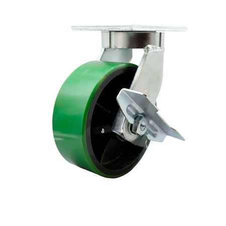 Service Caster 8'' Extra Heavy Duty Green Poly on Cast Iron Wheel Swivel Caster with Brake CRAN-SCC-KP92S830-PUR-GB-SLB